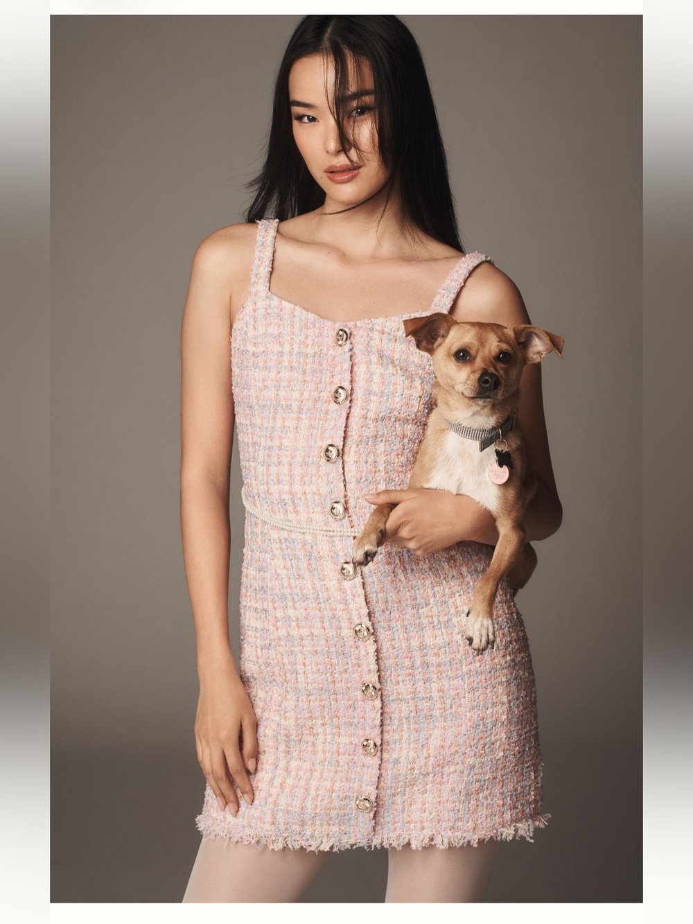 Walter Baker Pink Tweed Sleeveless Mini Dress with Gold Buttons